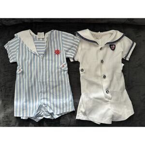 Vintage Lot Of 2 Sailor Suit Outfits White Navy Blue Collar Baby 18 Months